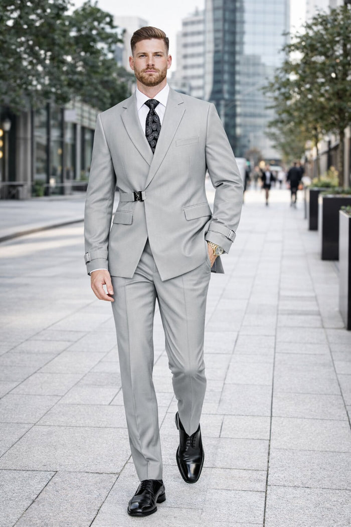 Mens Light Grey Double Breasted Modern Designer Tailored Fit Wool Suit with Metal Buckle Closure