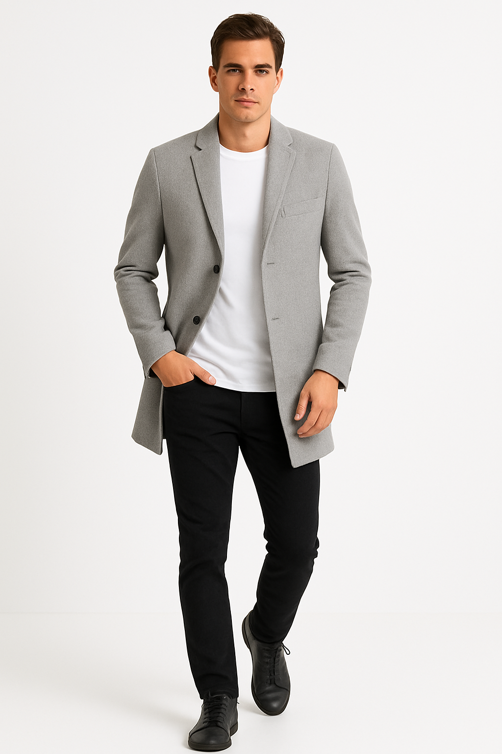 Mens Light Grey Slim Fit Wool Peacoat - Coat Size 38