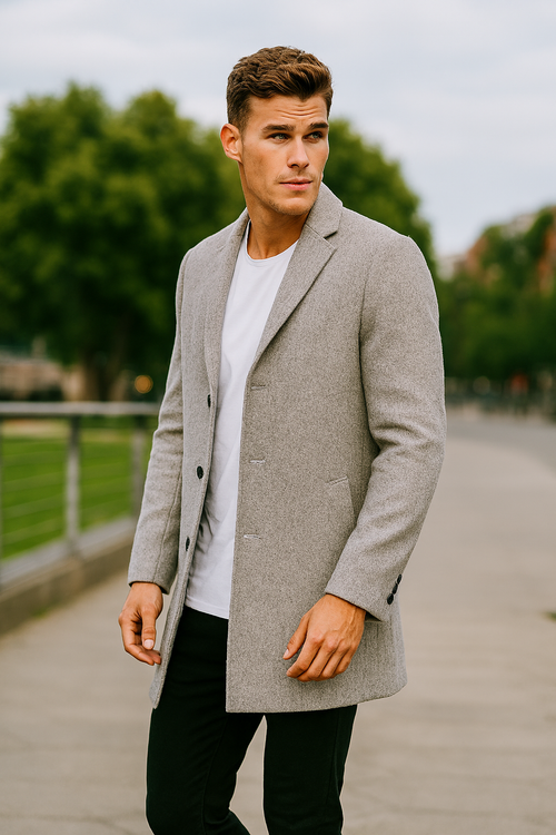 Mens Light Grey Slim Fit Wool Peacoat