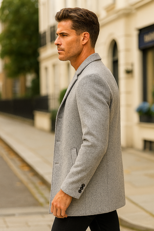 Mens Light Grey Slim Fit Wool Peacoat