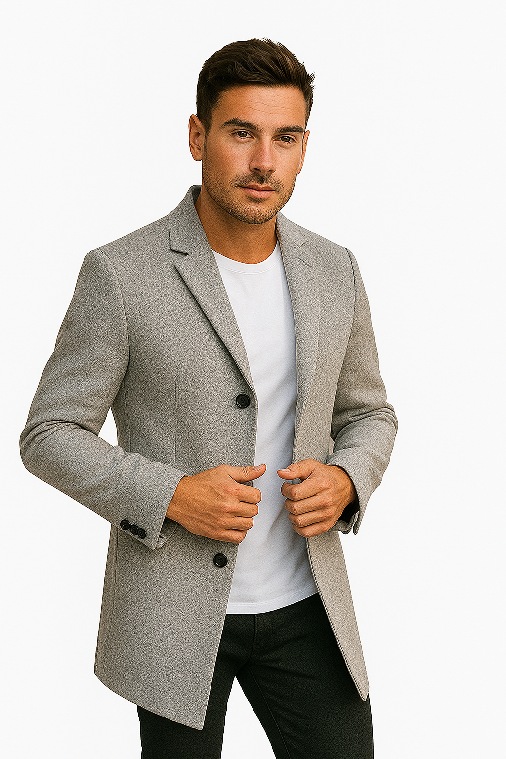 Mens Light Grey Slim Fit Wool Peacoat - Coat Size 38