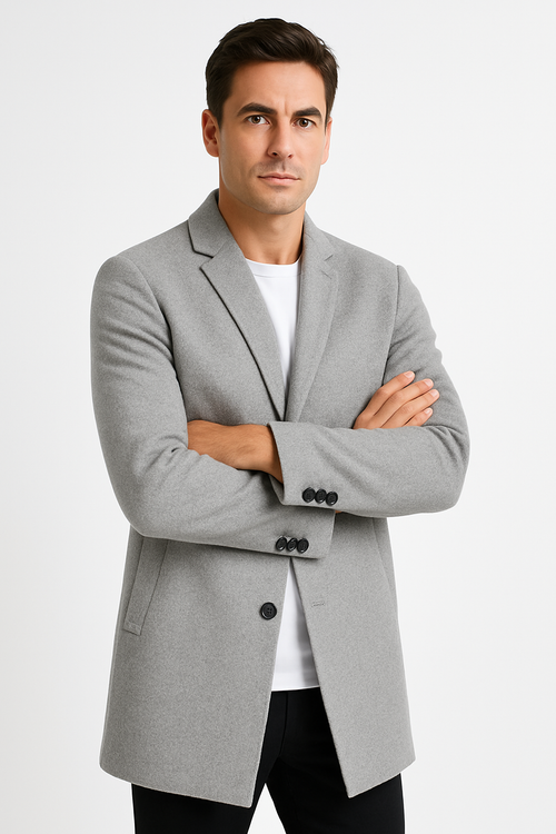 Mens Light Grey Slim Fit Wool Peacoat