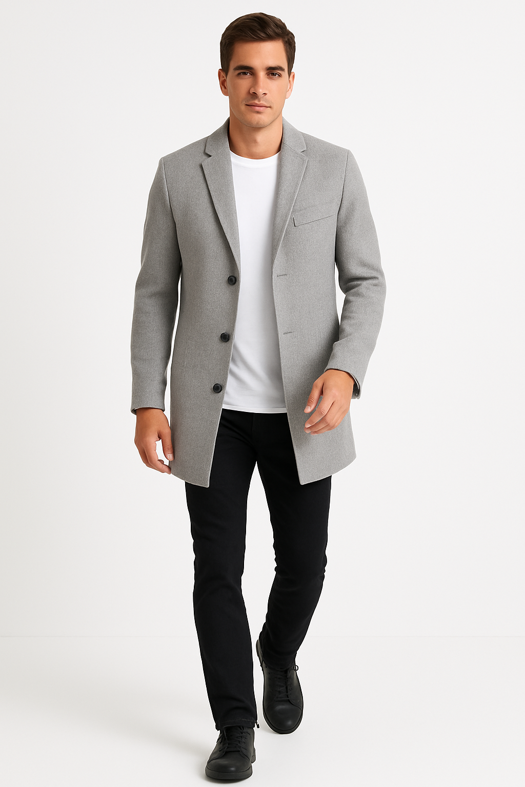 Mens Light Grey Slim Fit Wool Peacoat - Coat Size 38