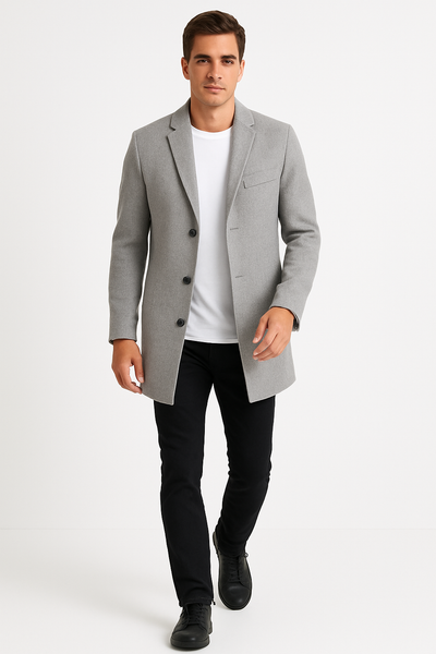 Mens Light Grey Slim Fit Wool Peacoat