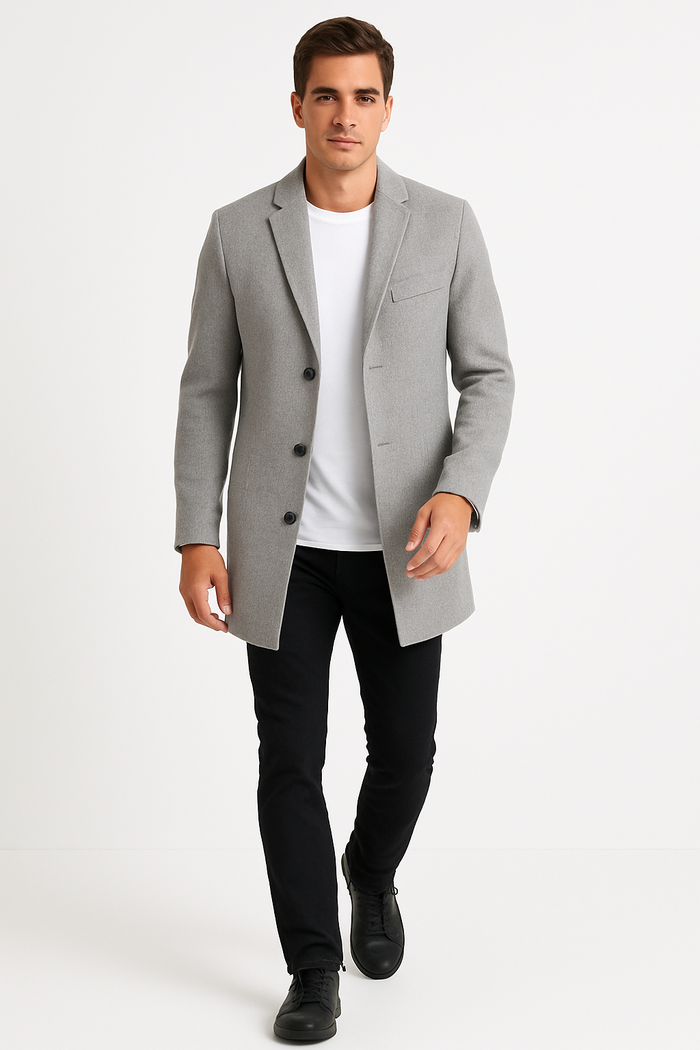Mens Light Grey Slim Fit Wool Peacoat