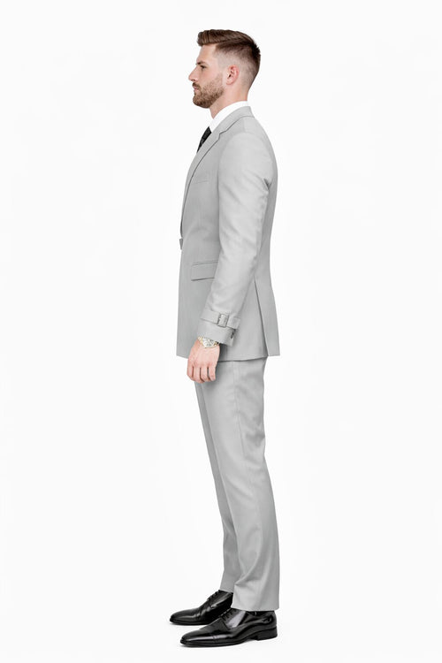 Mens Light Grey Double Breasted Modern Designer Tailored Fit Wool Suit with Metal Buckle Closure