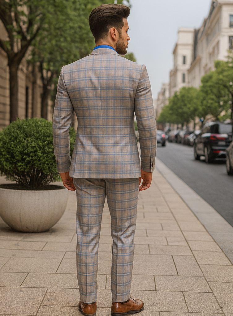 Elegant Light Check Suit for Men – Three-Piece Groom Outfit - 58 Long or 58 Regular Jacket+52/54 Adjustable Pants (Fabric: poly/rayon blend)