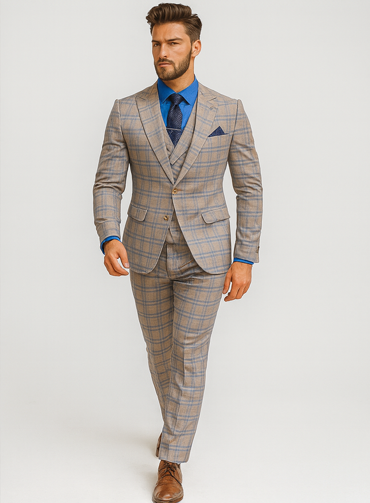 Elegant Light Check Suit for Men – Three-Piece Groom Outfit - 58 Long or 58 Regular Jacket+52/54 Adjustable Pants (Fabric: poly/rayon blend)