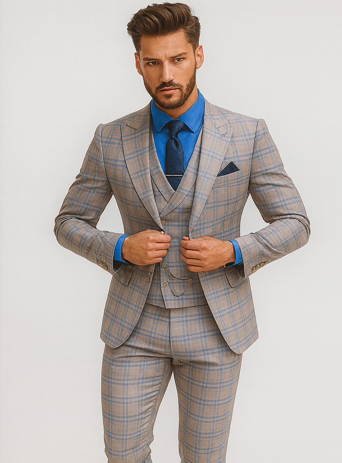 Elegant Light Check Suit for Men Three-Piece Groom Outfit