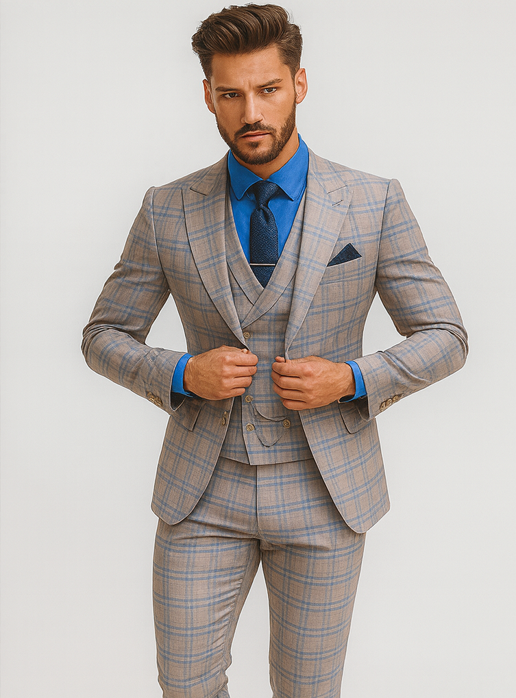 Elegant Light Check Suit for Men – Three-Piece Groom Outfit - 58 Long or 58 Regular Jacket+52/54 Adjustable Pants (Fabric: poly/rayon blend)