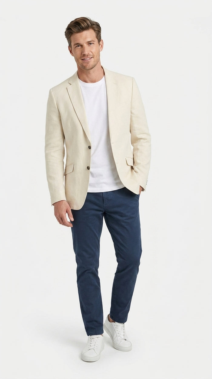 Men's Light Tan Sport Coat – Two-Button Classic Blazer for Business, Wedding & Casual Wear Cream Ivory Linen Fabric