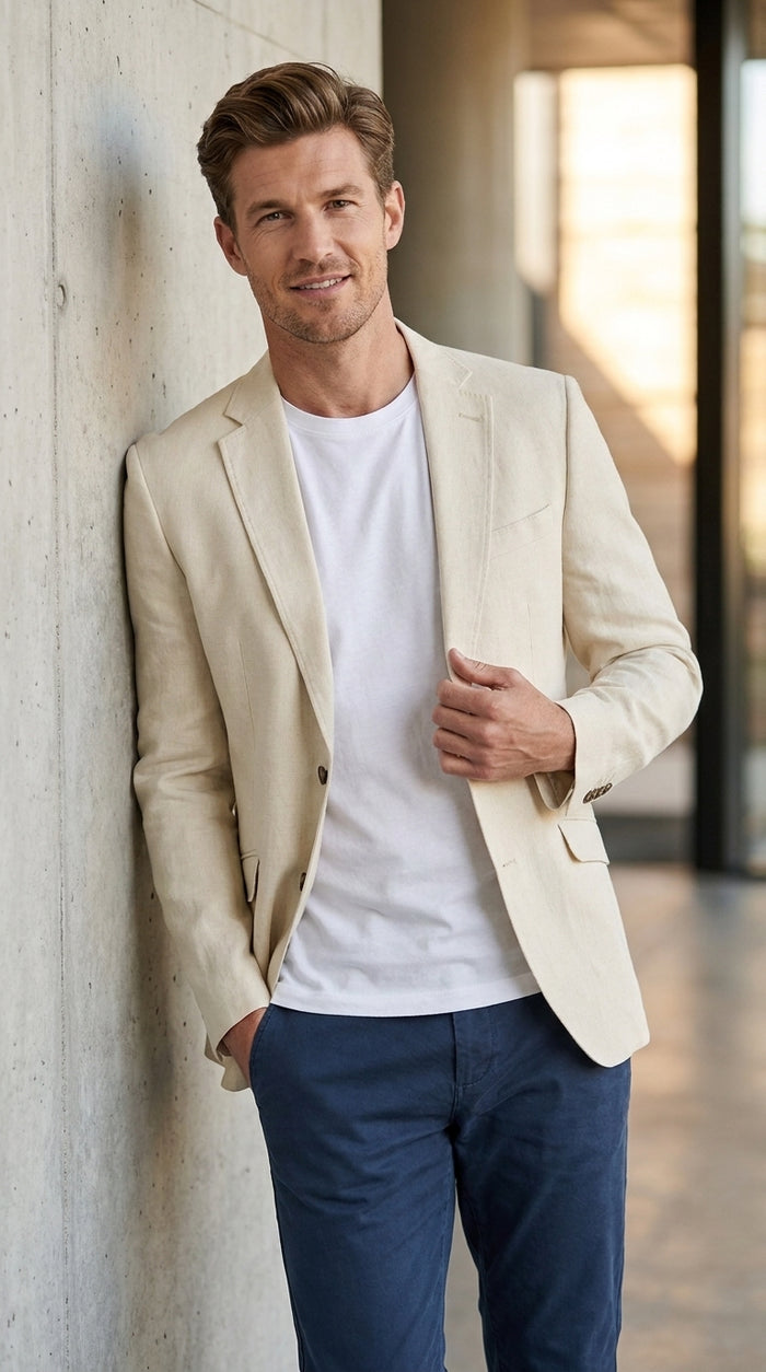 Men's Light Tan Sport Coat – Two-Button Classic Blazer for Business, Wedding & Casual Wear Cream Ivory Linen Fabric