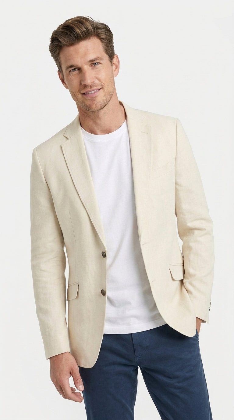 Men's Light Tan Sport Coat – Two-Button Classic Blazer for Business, Wedding & Casual Wear Cream Ivory Linen Fabric
