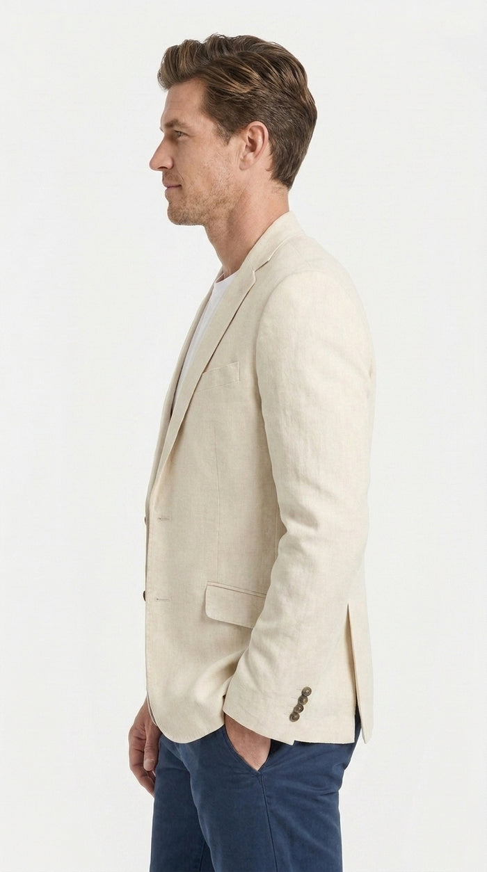 Men's Light Tan Sport Coat – Two-Button Classic Blazer for Business, Wedding & Casual Wear Cream Ivory Linen Fabric