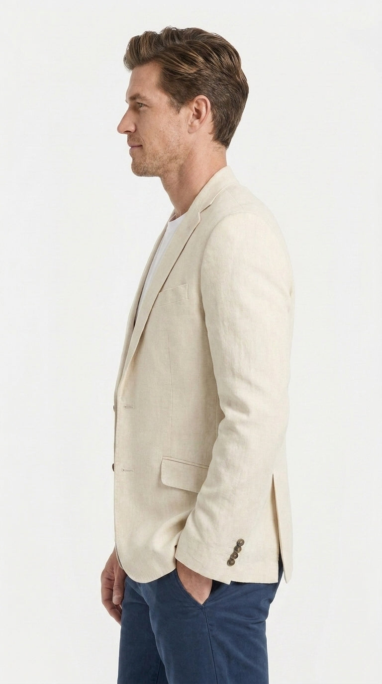 Men's Light Tan Sport Coat – Two-Button Classic Blazer for Business, Wedding & Casual Wear Cream Ivory Linen Fabric