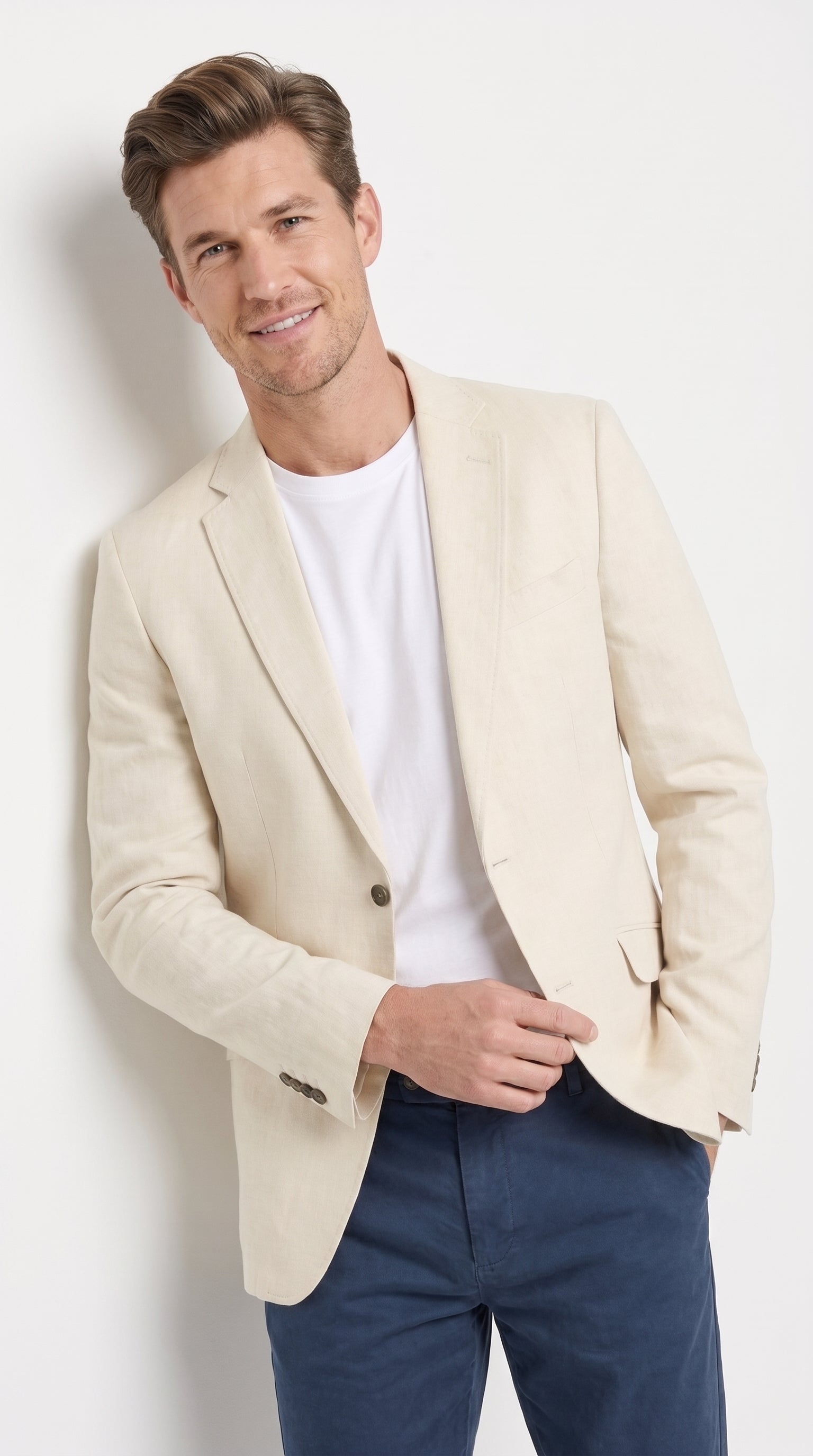 Men's Light Tan Sport Coat – Two-Button Classic Blazer for Business, Wedding & Casual Wear Cream Ivory Linen Fabric