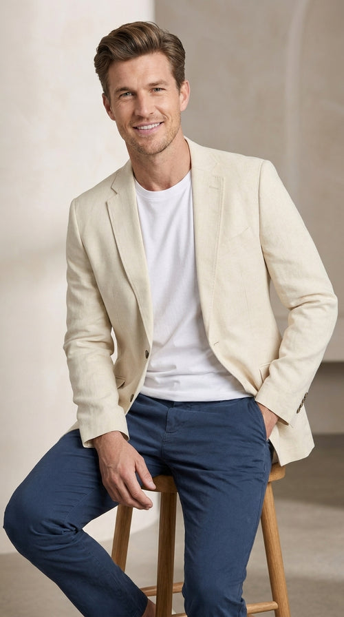 Men's Light Tan Sport Coat – Two-Button Classic Blazer for Business, Wedding & Casual Wear Cream Ivory Linen Fabric