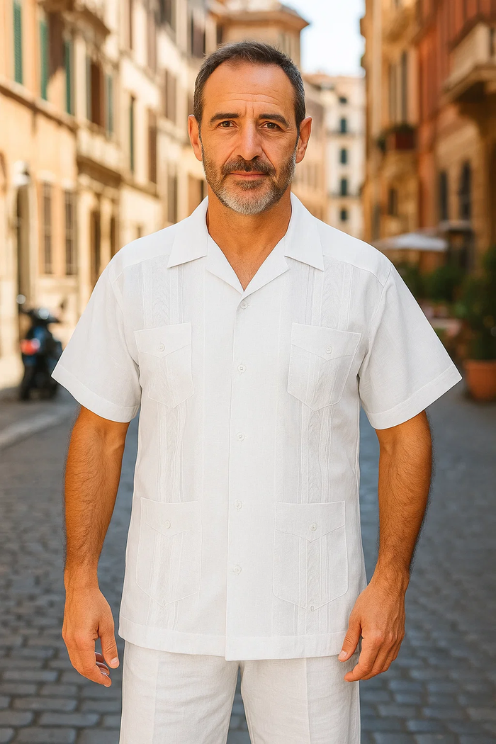 Mens Linen Suit / Cotton French Cuffs 2 Piece Summer Casual Two Piece Mens Walking Outfit For Sale Pant Sets Casual Suit Short sleeve Shirt + Pants White all white outfits for men