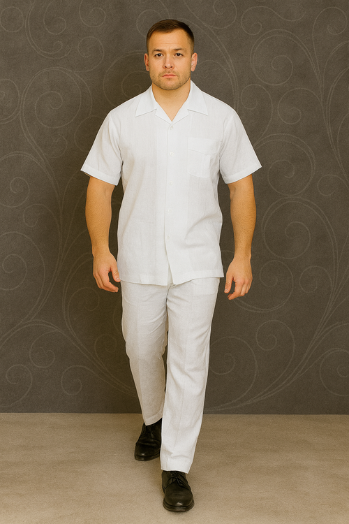Mens Linen Suit / Cotton French Cuffs 2 Piece Summer Casual Two Piece Mens Walking Outfit For Sale Pant Sets Casual Suit Short sleeve Shirt + Pants White all white outfits for men