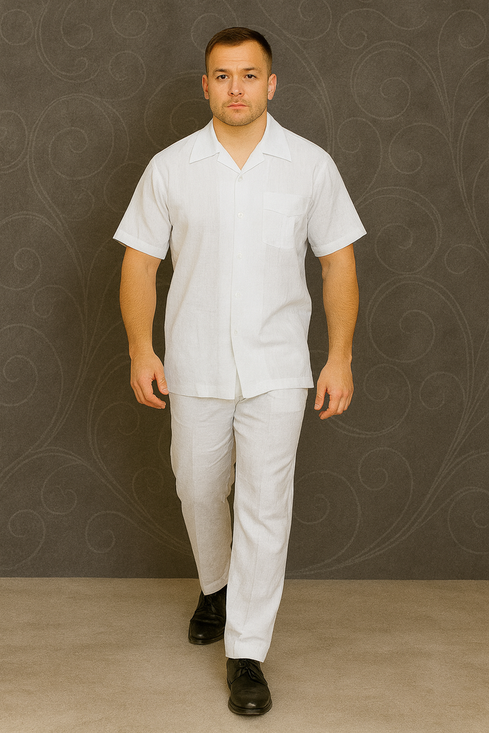 Mens Linen Suit / Cotton French Cuffs 2 Piece Summer Casual Two Piece Mens Walking Outfit For Sale Pant Sets Casual Suit Short sleeve Shirt + Pants White all white outfits for men
