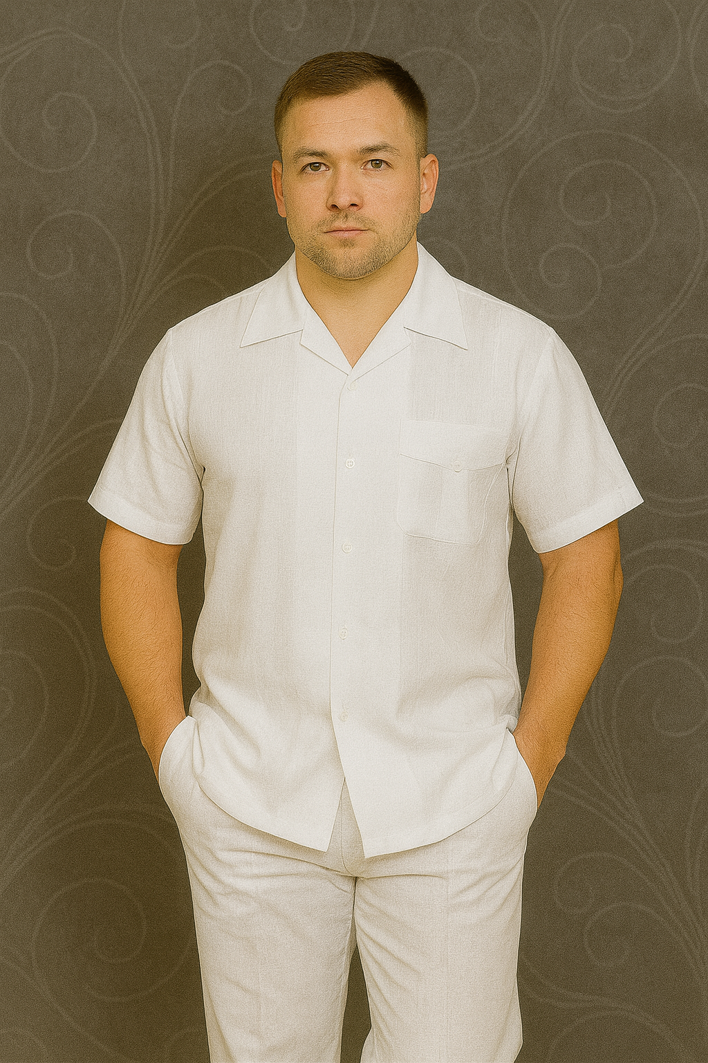 Mens Linen Suit / Cotton French Cuffs 2 Piece Summer Casual Two Piece Mens Walking Outfit For Sale Pant Sets Casual Suit Short sleeve Shirt + Pants White all white outfits for men - XXXL or 3XL
