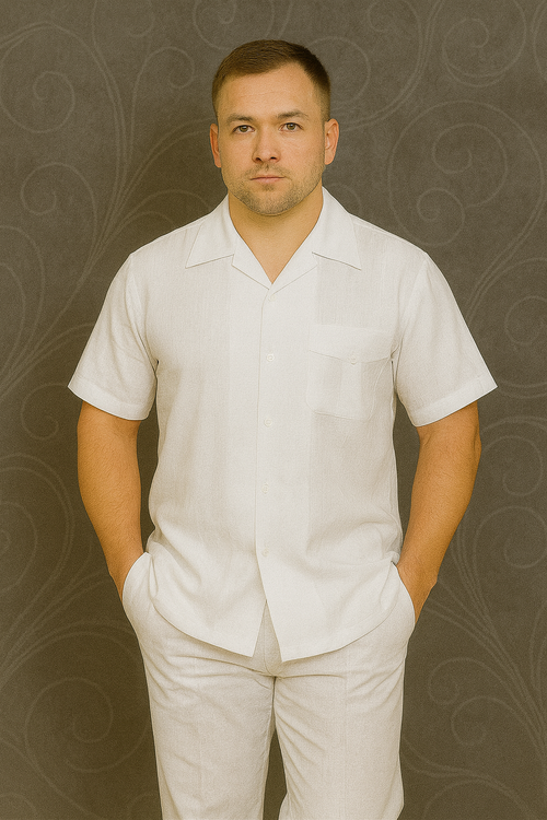 Mens Linen Suit / Cotton French Cuffs 2 Piece Summer Casual Two Piece Mens Walking Outfit For Sale Pant Sets Casual Suit Short sleeve Shirt + Pants White all white outfits for men