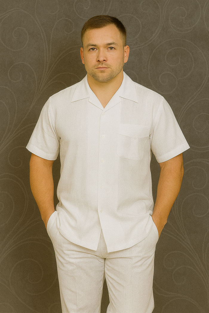 Mens Linen Suit / Cotton French Cuffs 2 Piece Summer Casual Two Piece Mens Walking Outfit For Sale Pant Sets Casual Suit Short sleeve Shirt + Pants White all white outfits for men