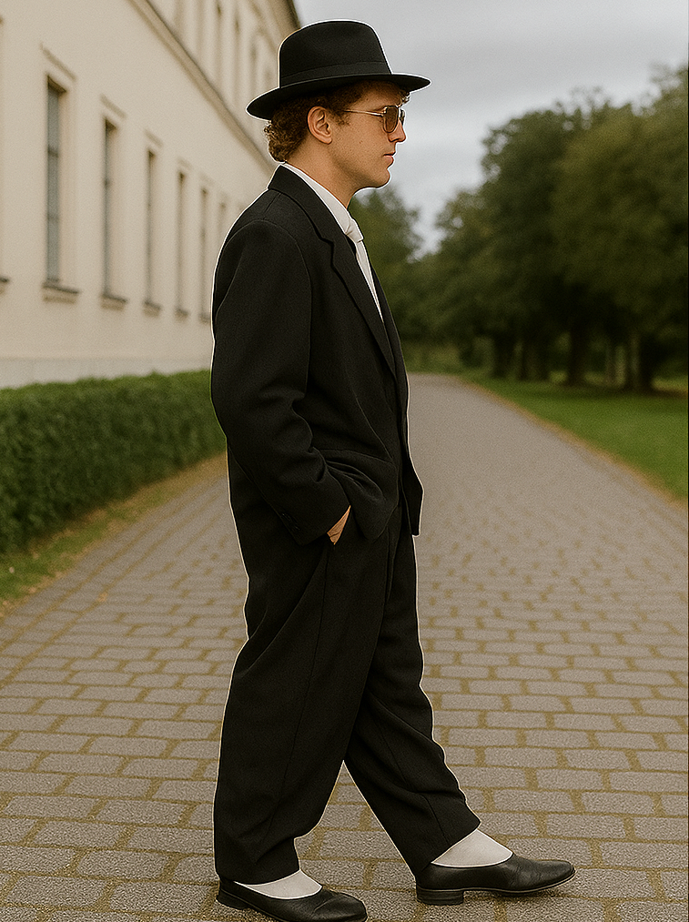 Men's Liquid Jet Black Fashion Long Zoot Suit + Shirt & Tie & Hat - 22.5” Neck /36-37” Sleeve