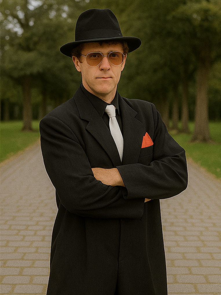 Men's Liquid Jet Black Fashion Long Zoot Suit + Shirt & Tie & Hat - 22.5” Neck /36-37” Sleeve