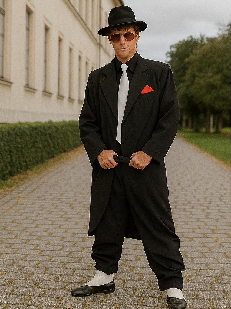 Men's Liquid Jet Black Fashion Long Zoot Suit + Shirt & Tie & Hat - 22.5” Neck /36-37” Sleeve