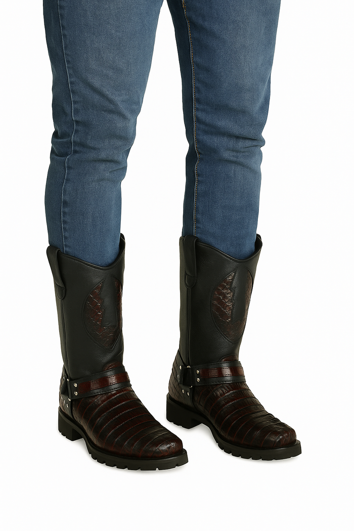 Men's Los Altos Caiman Tail Skin Biker Boots-New Designer Collection