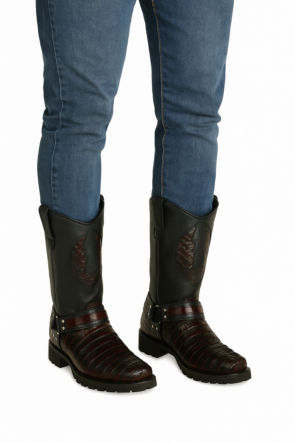 Men's Los Altos Caiman Tail Skin Biker Boots - Black Cherry