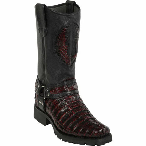 Men’s Los Altos Black Cherry Caiman Tail Skin Biker Boots, Exotic Western Motorcycle Boots