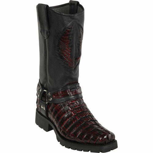 Men’s Los Altos Black and Burgundy Caiman Tail Skin Biker Boots, Exotic Western Motorcycle Boots