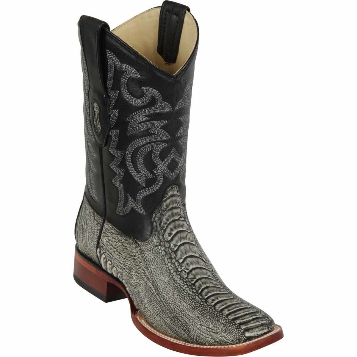 Men's Los Altos Ostrich Leg Skin Wide Square Toe Boots - Rustic - Black