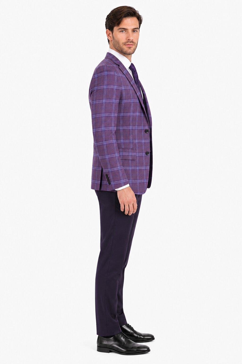 Mens 2 Button Suit with Low Cut Vest in Eggplant | Purple Plaid - 36 Short