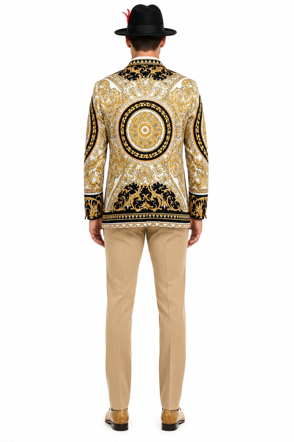 Mens Black and Gold Baroque Blazer with Matching Pants, Hat, and Shoes - Luxury Party and Wedding Outfit Set