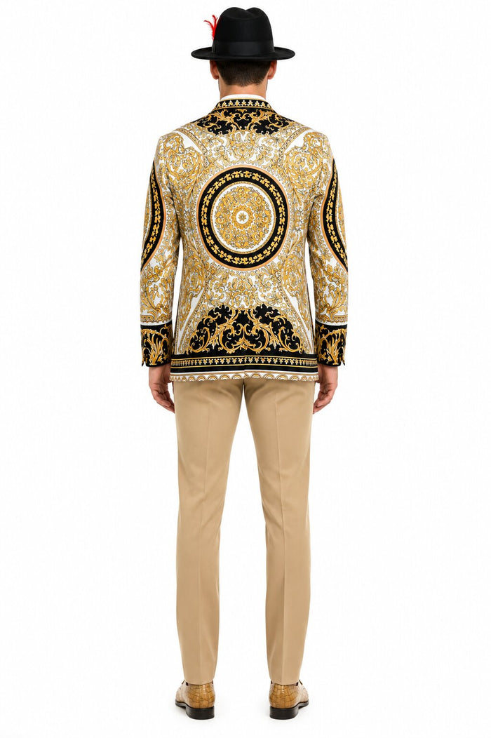Mens Black and Gold Baroque Blazer with Matching Pants, Hat, and Shoes - Luxury Party and Wedding Outfit Set
