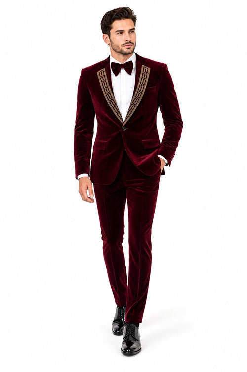 EJ Samuel Men's Burgundy Modern Fit Velvet Tuxedo with Gold Sequin Lapel
