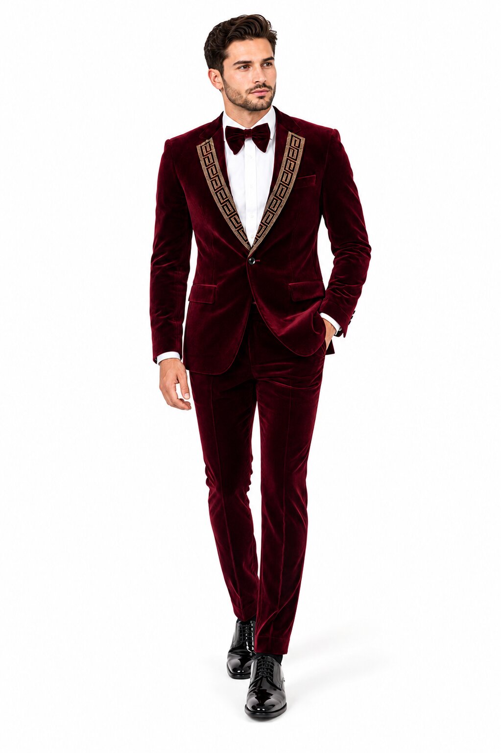 EJ Samuel Men's Burgundy Modern Fit Velvet Tuxedo with Gold Sequin Lapel