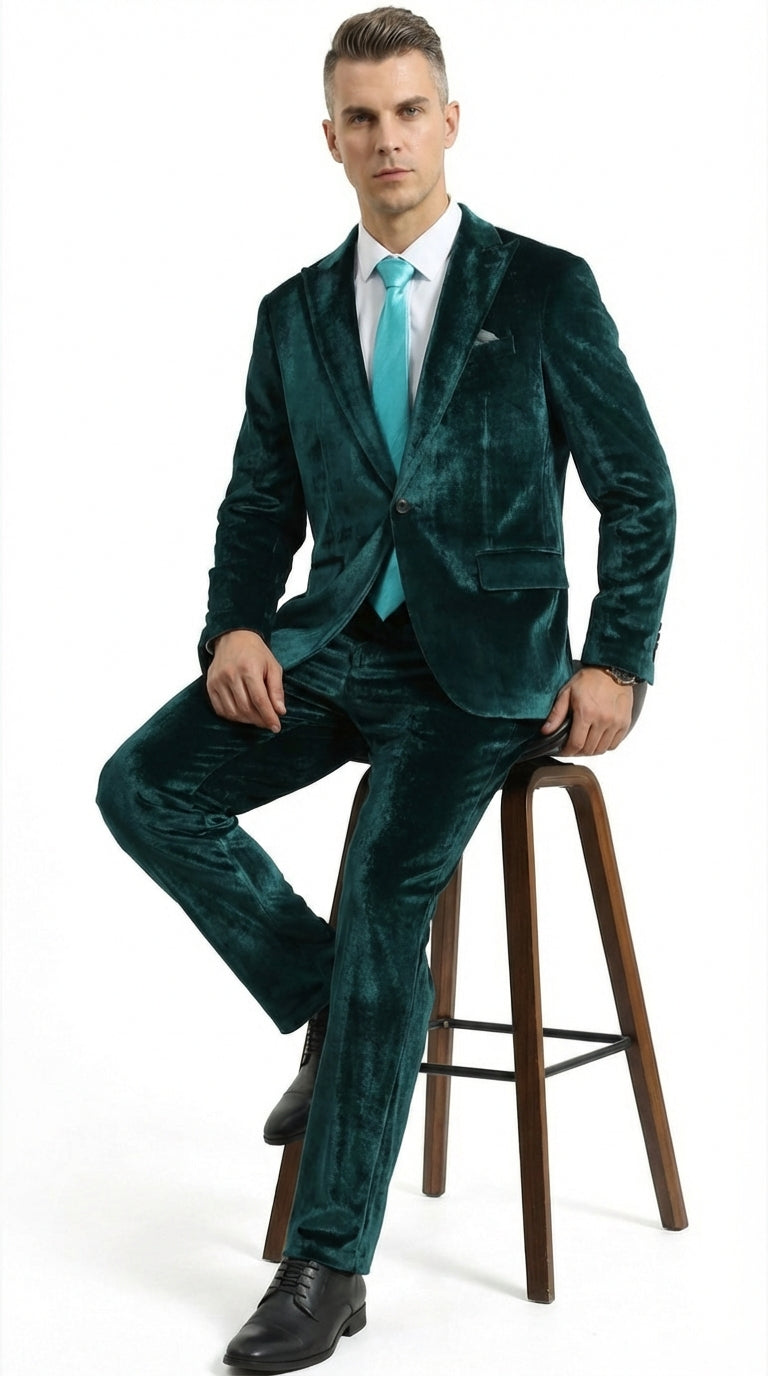 Mens Emerald Green Teal Blue Velvet Suit – Luxury Two Piece Formal Evening Suit - 34 Short or Extra Small