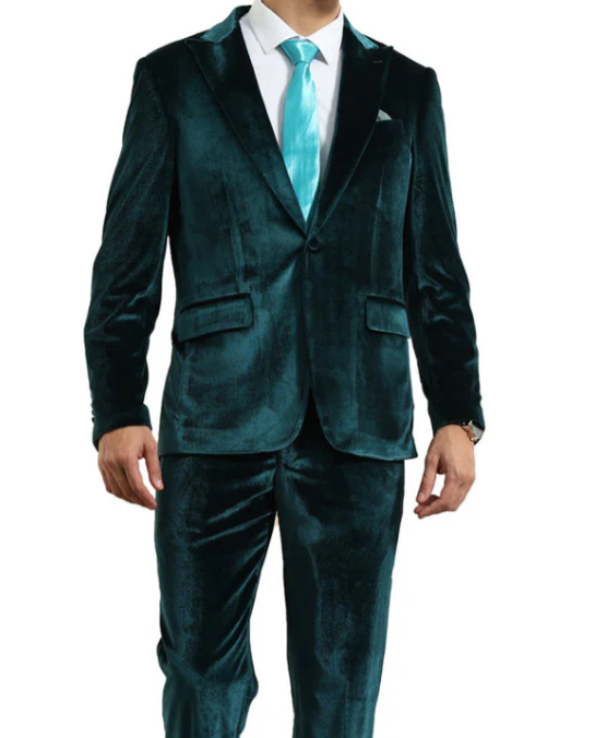 Mens Emerald Green Teal Blue Velvet Suit – Luxury Two Piece Formal Evening Suit - 34 Short or Extra Small