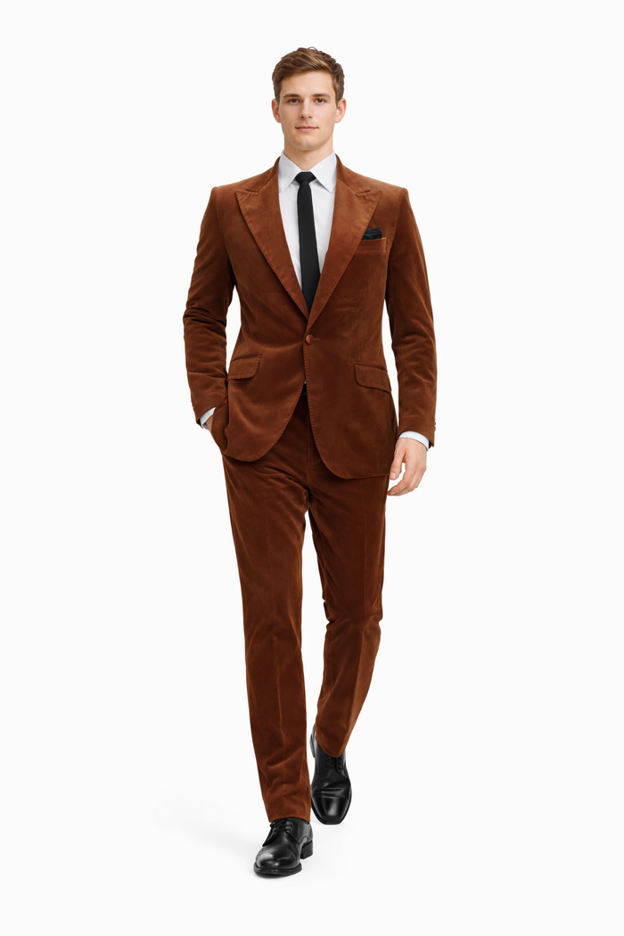 Mens Brown Velvet 2-Piece Suit Luxury Slim Fit Formal Blazer and Pants Set in Rust Copper Color