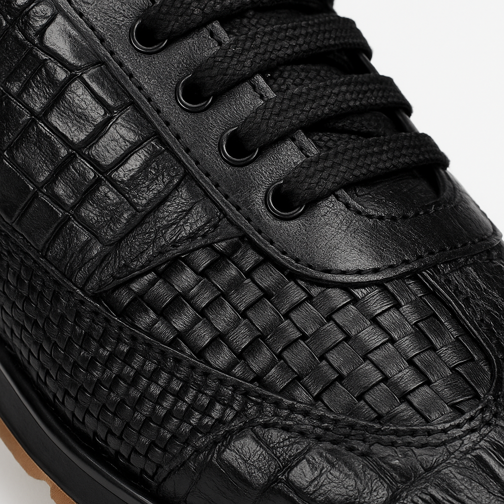 Marco Di Milano Roma Men's Shoes Black Genuine Caiman Crocodile / Woven Leather Fashion Sneakers - 8
