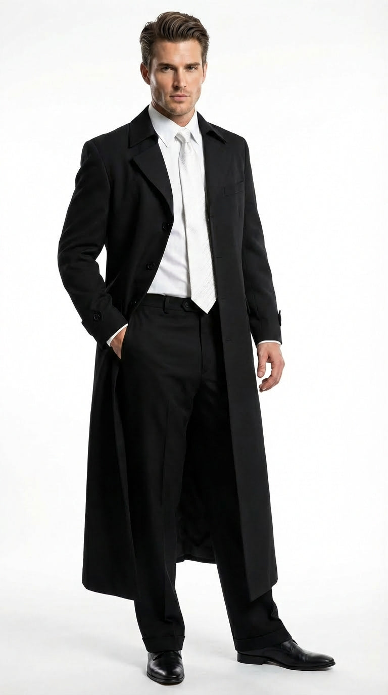 Men's Maxi  Black Full Length Zoot Suit – Vintage Gangster Style Long Coat Formal Suit - 34 Short or Extra Small