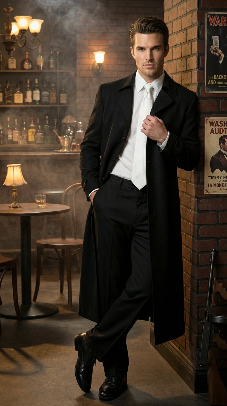 Men's Maxi  Black Full Length Zoot Suit – Vintage Gangster Style Long Coat Formal Suit - 34 Short or Extra Small