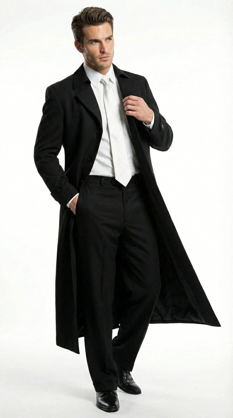 Men's Maxi  Black Full Length Zoot Suit – Vintage Gangster Style Long Coat Formal Suit - 34 Short or Extra Small