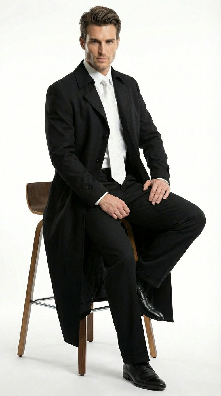 Men's Maxi  Black Full Length Zoot Suit – Vintage Gangster Style Long Coat Formal Suit - 34 Short or Extra Small