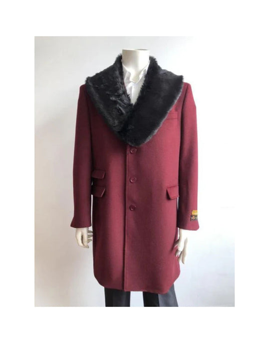 Mens Mid Length Burgundy Wool Car Coat