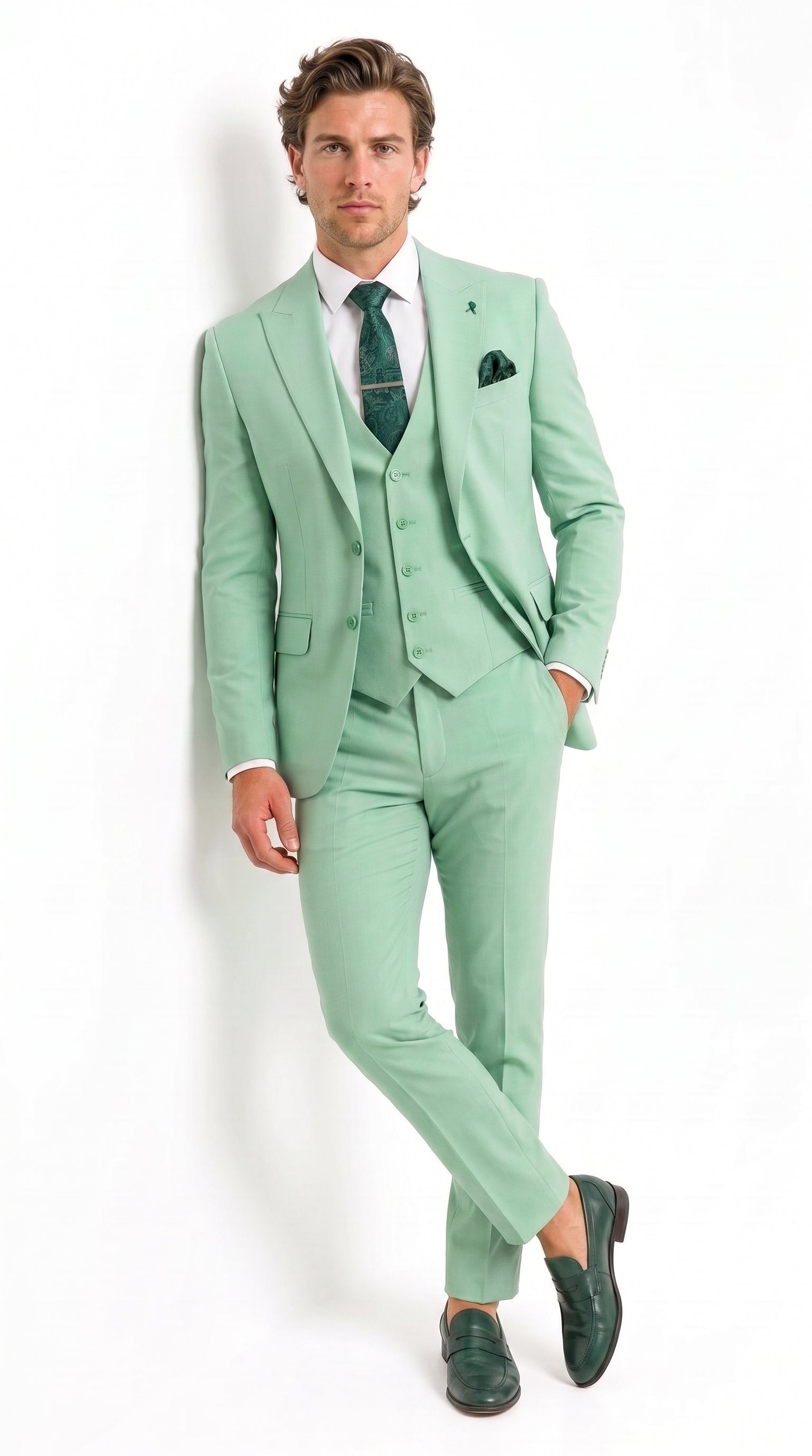 Mens Mint Green 3-Piece Suit – Slim Fit Wedding, Prom & Formal Suit with Matching Vest By Derman - 34 Short or Extra Small